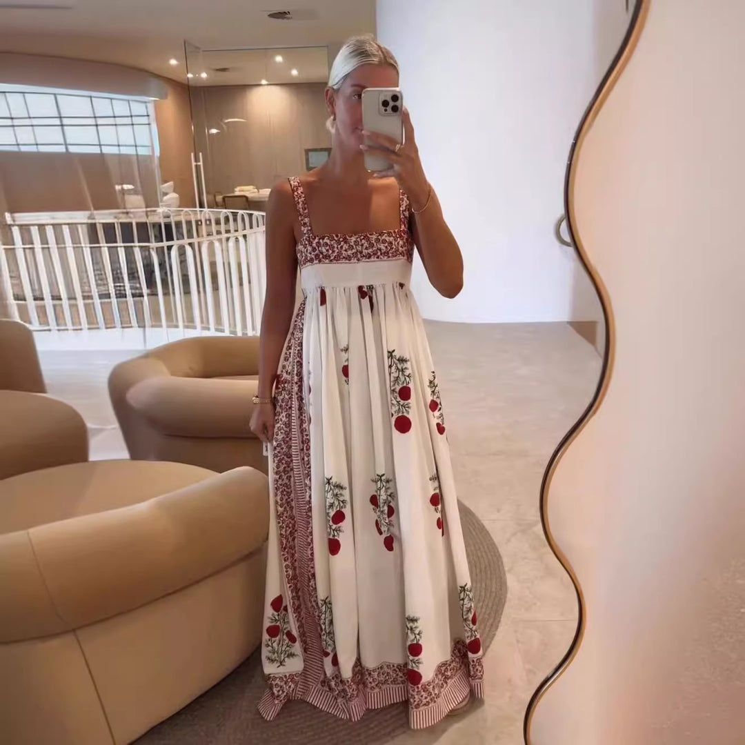 Dame Lang Sommerkjole med florale accenter og brede stropper Skjora