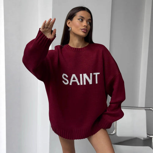 Kvinner Oversized Strikkegenser med Kreativ Skriving Skjora