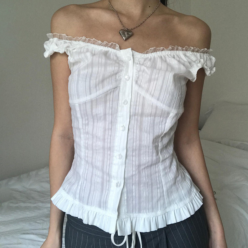 Dame Off-Shoulder Bluse med bølget kant Skjora