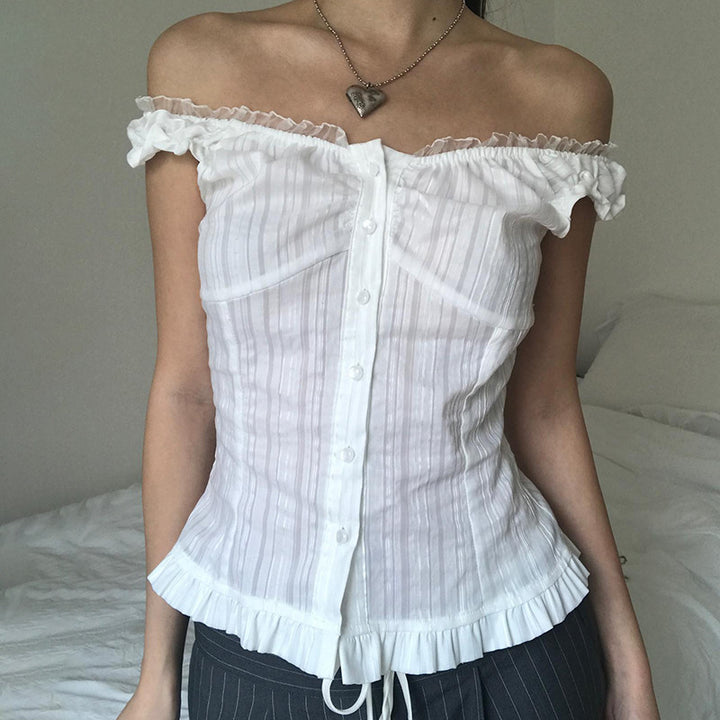 Dame Off-Shoulder Bluse med bølget kant Skjora