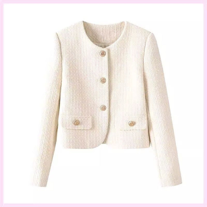Damer elegant kort jakke i tweed stil med gullknapper Skjora