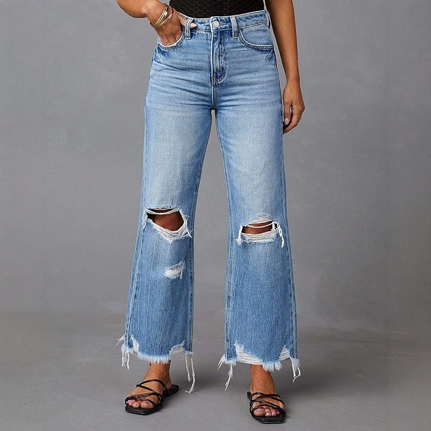 Dame Flared Jeans med stilige rift detaljer og frynsete hem Skjora