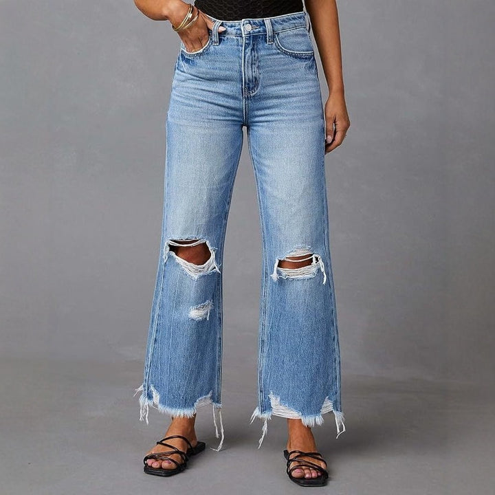 Dame Flared Jeans med stilige rift detaljer og frynsete hem Skjora