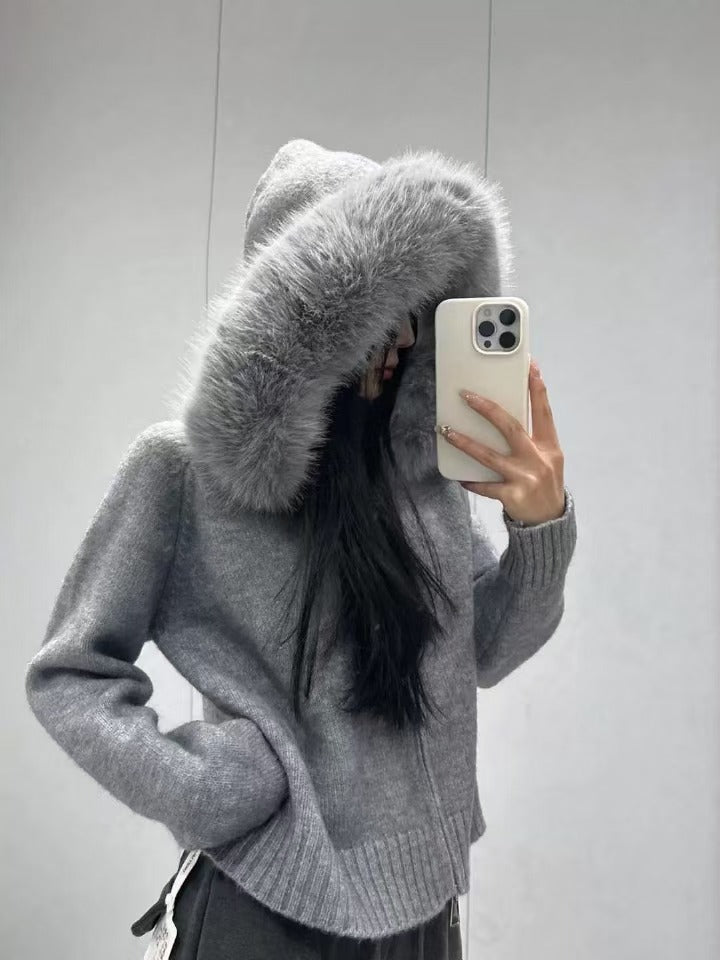 Damer, moteriktig cardigan med avtagbar hette laget av mykt materiale Skjora