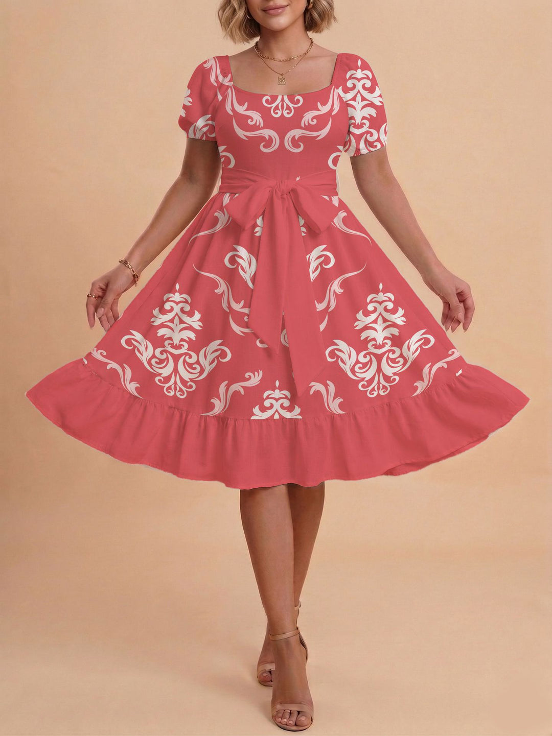 Damen Retro Maxikleid mit Puffärmeln und Taillengürtel Skjora