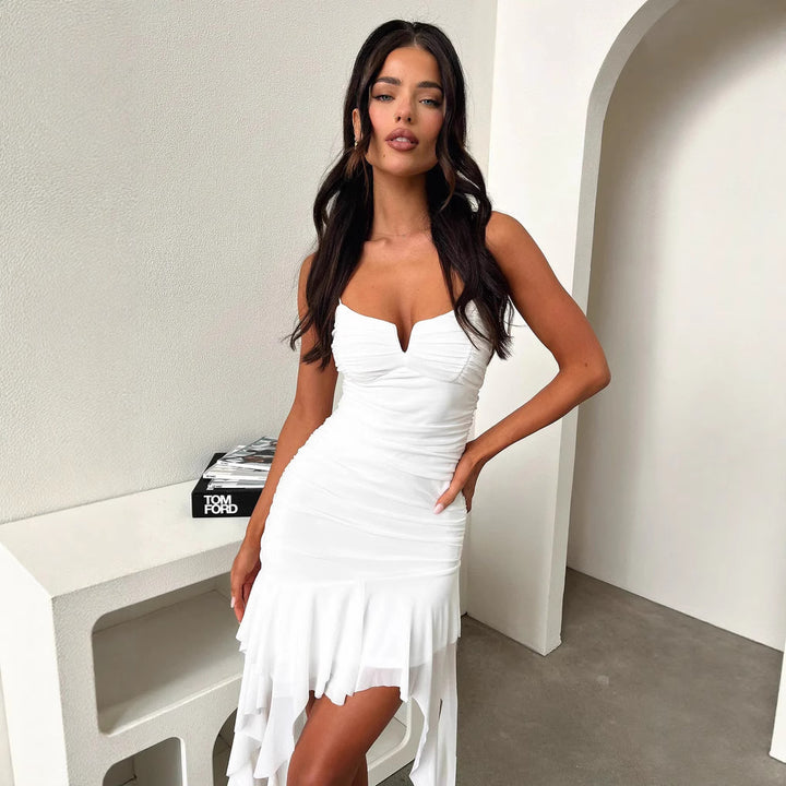 Damen Cocktailkleid mit geschichtetem Volant und raffinierten Drapierungen Skjora