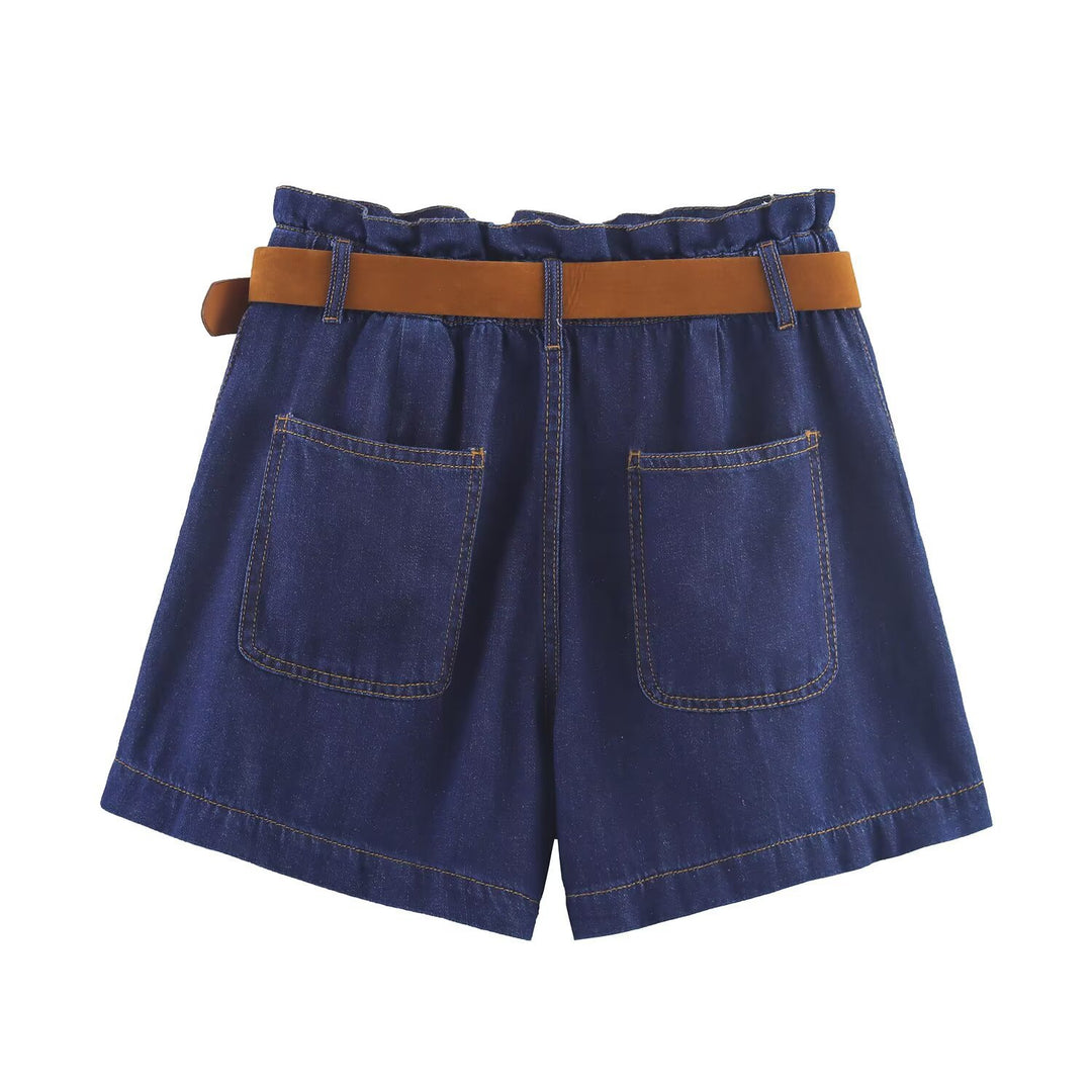 Dame Denim-shorts med høykvalitets lærbelte og elastisk midje Skjora