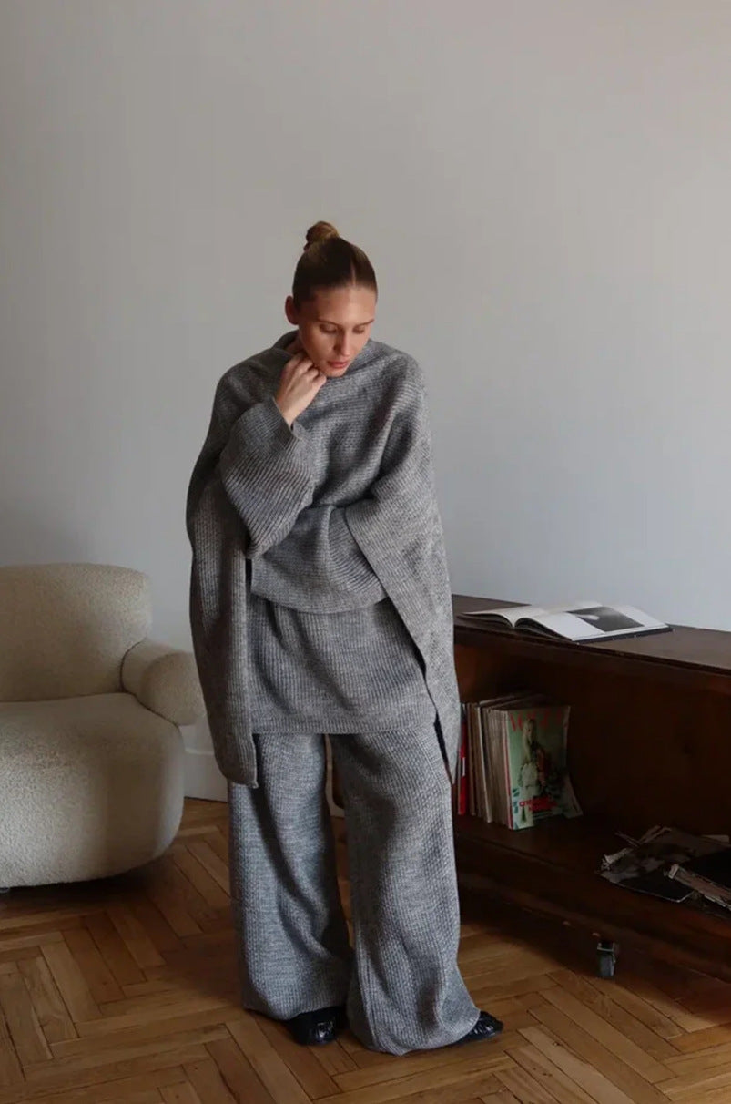 Kvinnelig stilige ribbestrikket loungewear-sett med løs passform topp og bredskårne bukser Skjora