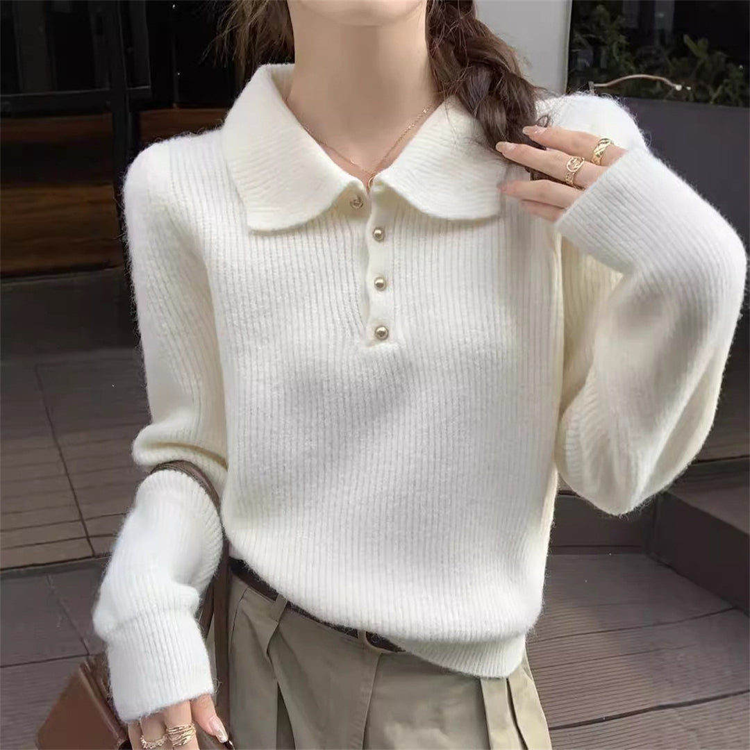 Damer Elegant Polo Krage Genser laget av Myk Strikk Skjora