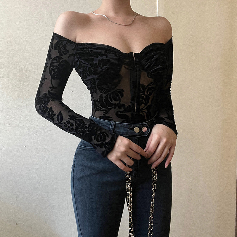 Dame spitze bustier med skulderfri design og lange ermer Skjora