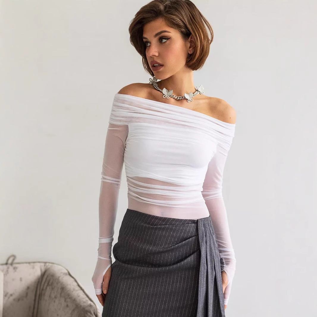 Dame Off-Shoulder Langermet T-skjorte i lett gjennomsiktig stoff med raffinert draperingseffekt Skjora
