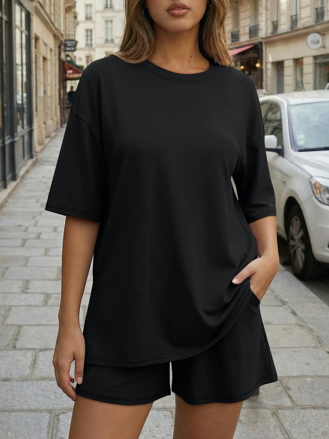 Dame Oversized Fritidssett med kort topp og casual shorts Skjora