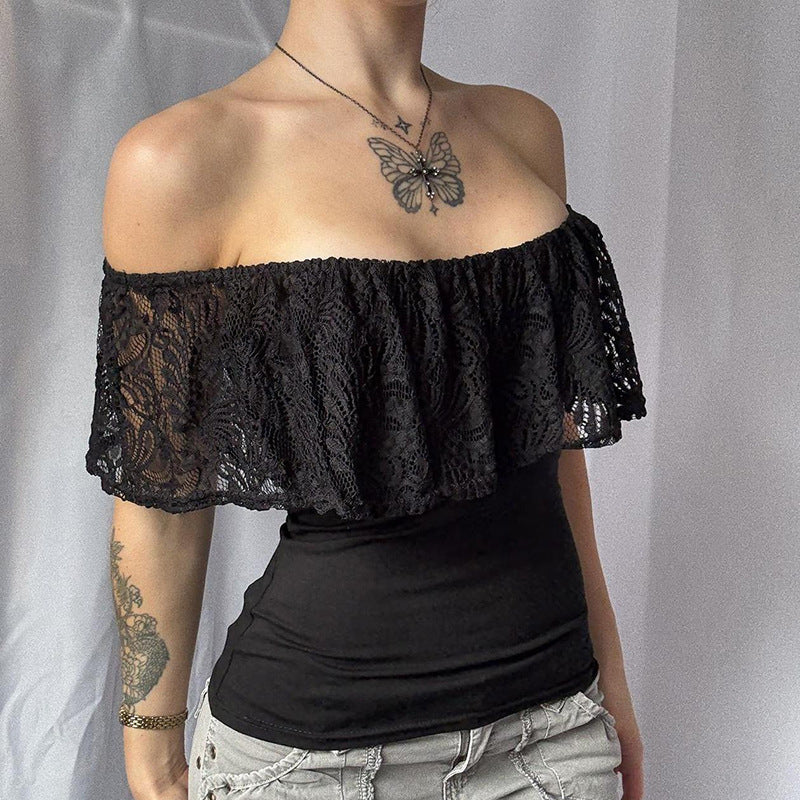Dame Off-Shoulder Overdel med volangdetaljer og elegante spissaksenter Skjora