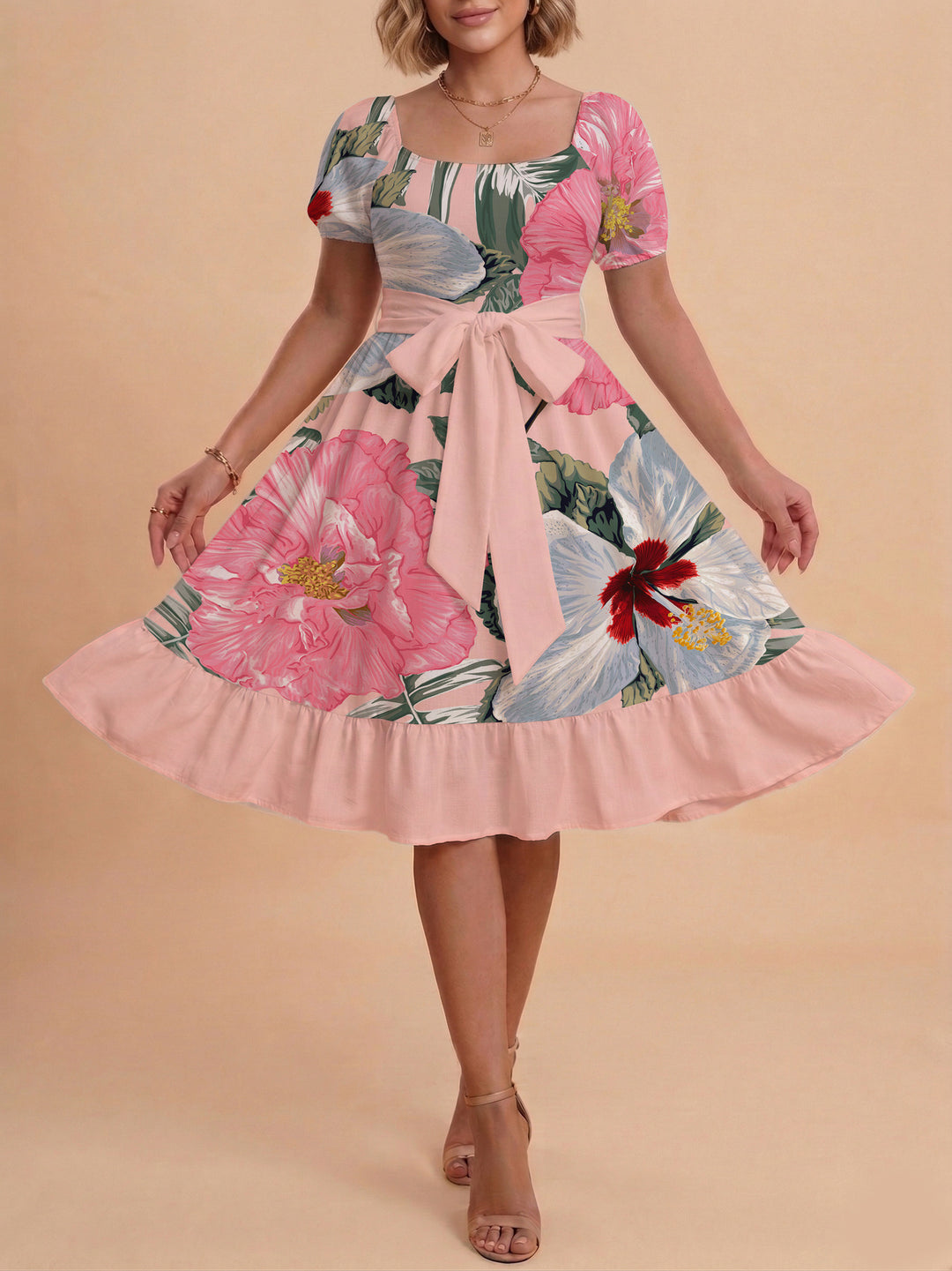 Damen Sommerkleid mit floralem Puffärmel und taillierbarem Gürtel Skjora