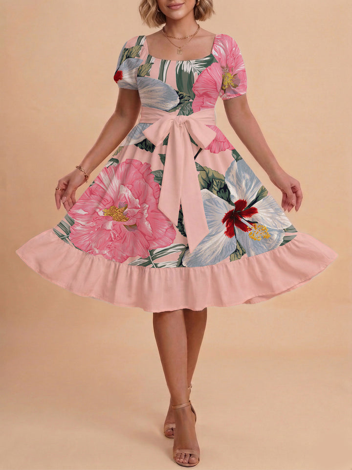 Damen Sommerkleid mit floralem Puffärmel und taillierbarem Gürtel Skjora