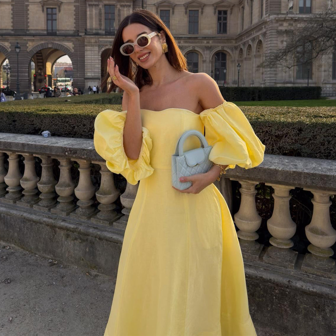 Dames Off-Shoulder Maxi Kjole med Voluminøse Ermer og Elegant Snitt Skjora