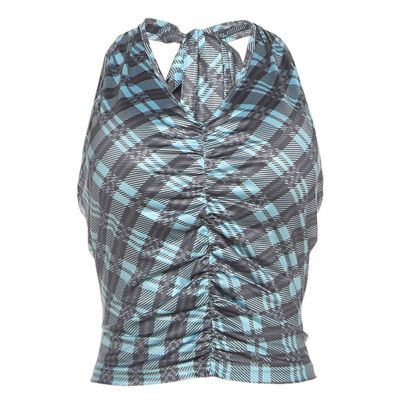 Dame Crop Top med rynke og trendy rutemønster Skjora
