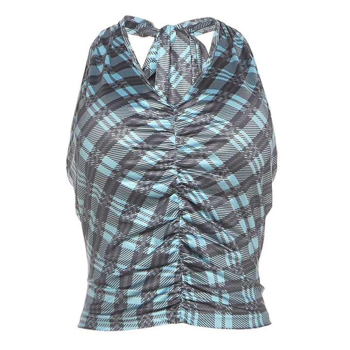 Dame Crop Top med rynke og trendy rutemønster Skjora