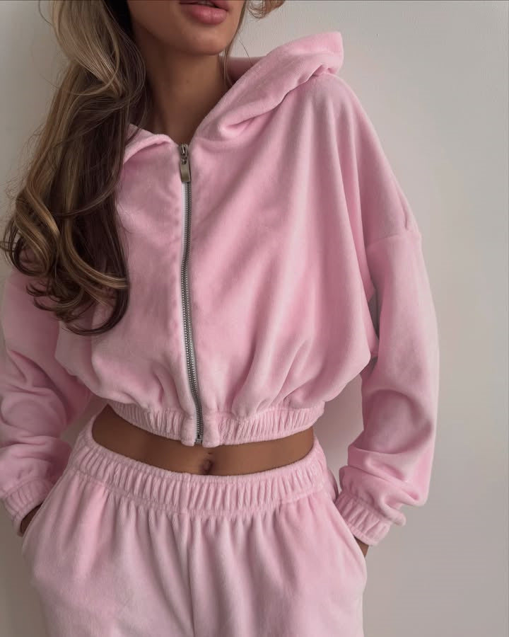 Dame sporty velour treningsdrakt med hette og glidelås Skjora