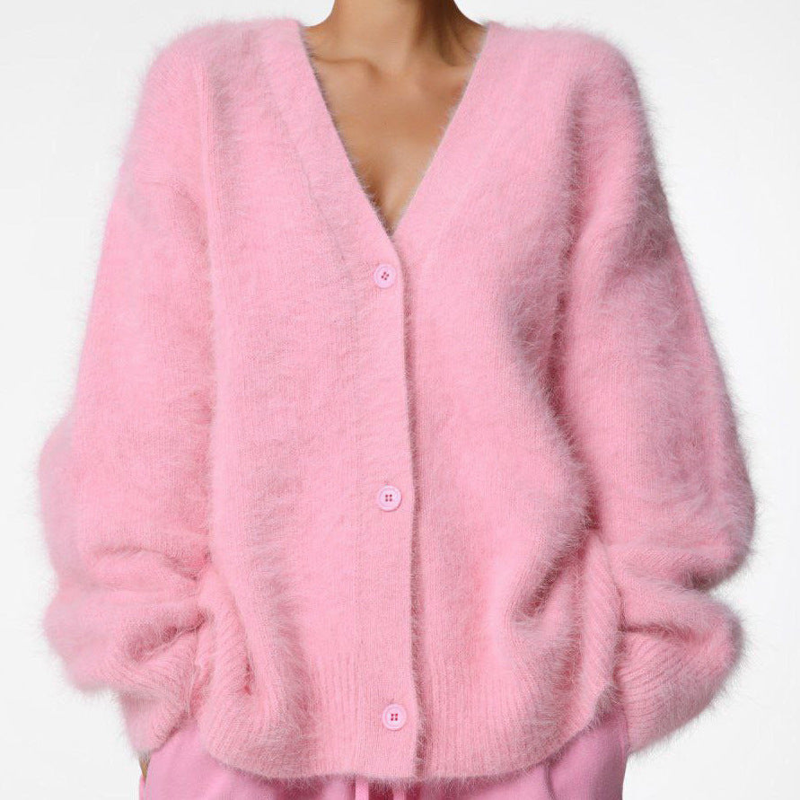 Dame Fluffy Cardigan med V-hals og knappdetalj Skjora