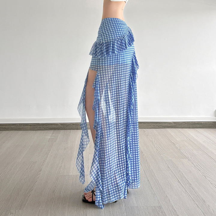 Women's maxi skirt with ruffle details and gingham pattern Skjora