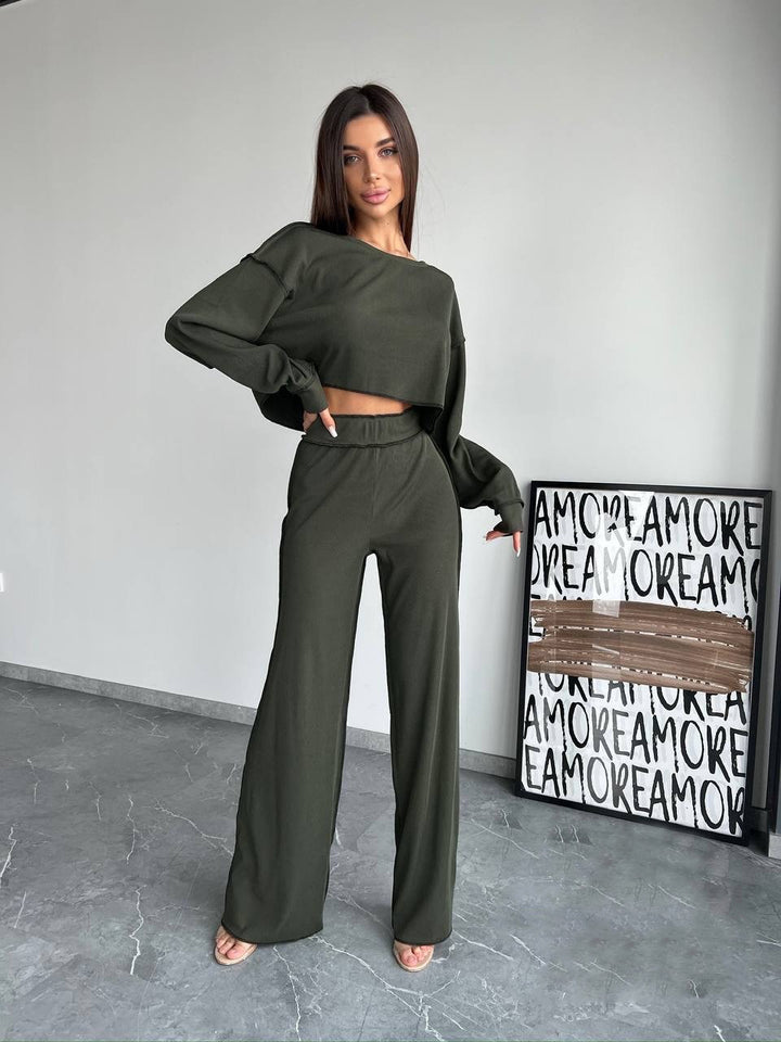 Dame Casual Lounge Set med Crop Top og Vide Bukser Skjora