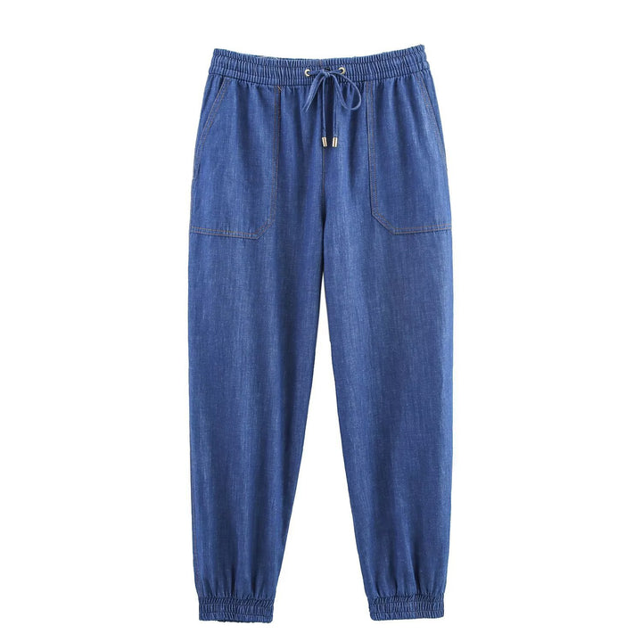 Damer avslappet denim-sett med crop-bluse og elastiske bukser Skjora