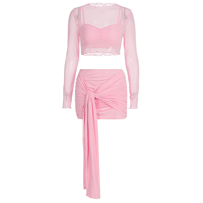 Dame Crop Top og Skjørt Sett med stilige rynkeelementer Skjora