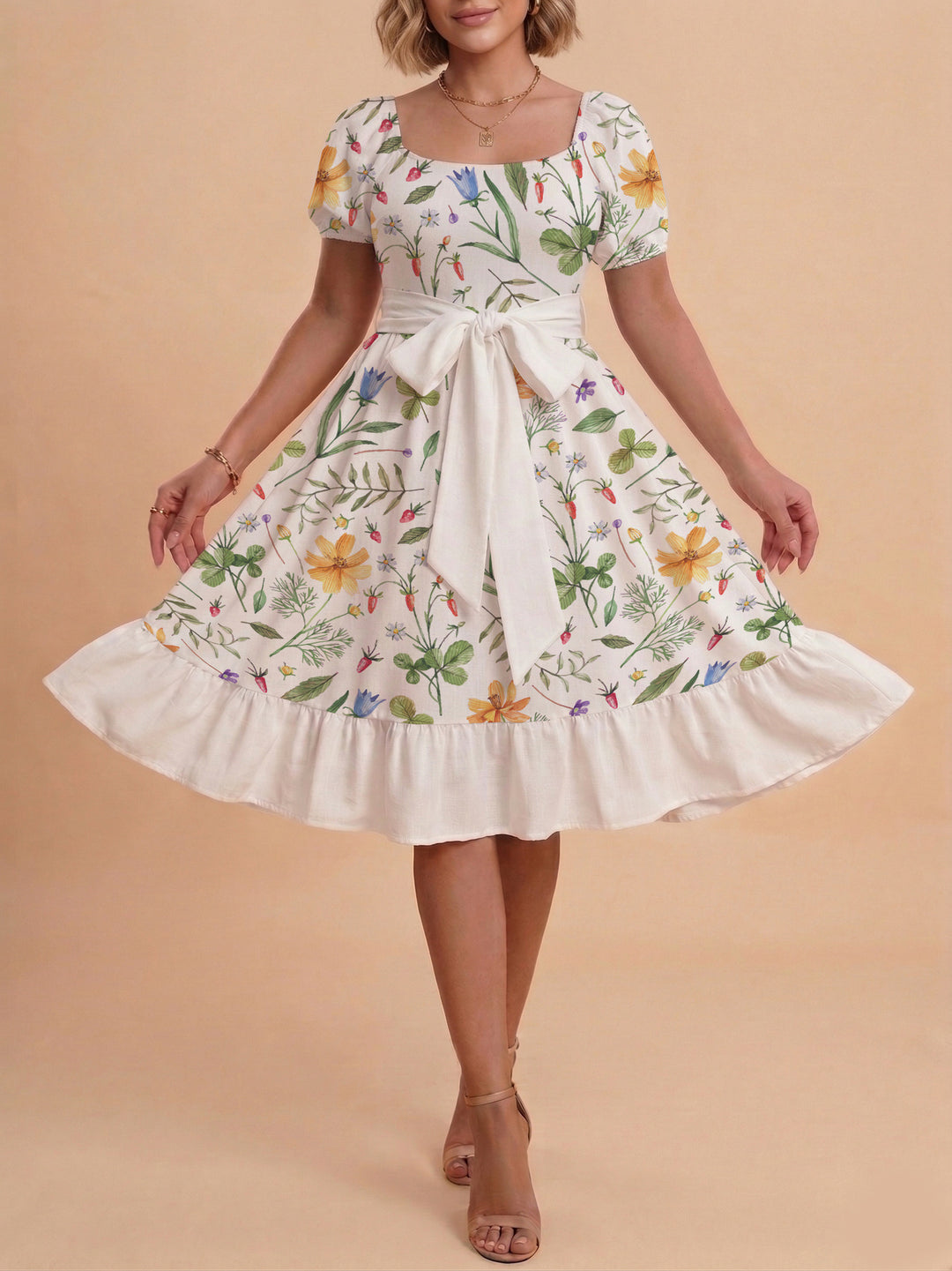 Damen modernes Blumenkleid mit elegantem Taillengürtel und asymmetrischem Saum Skjora