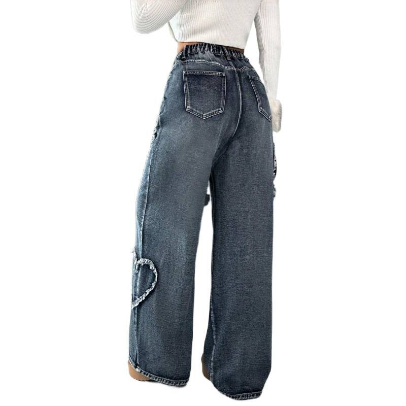 Dame Loose Jeans med hjertebroderi og avslappet snitt Skjora