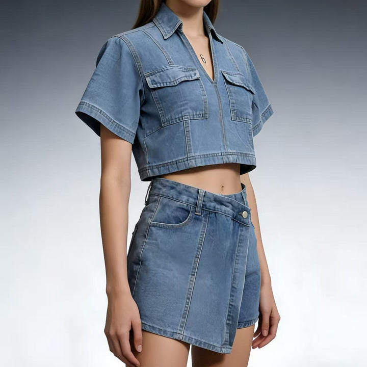 Dame moderne cropped skjorte med påsydd lommer og casual shorts Skjora