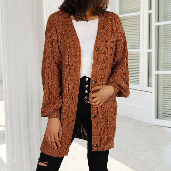 Dame chunky strikket cardigan med elegant knappestolpe og vide ermer Skjora