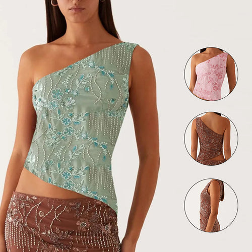 Kvinnes asymmetrisk topp med blomstret rhinestone-design Skjora