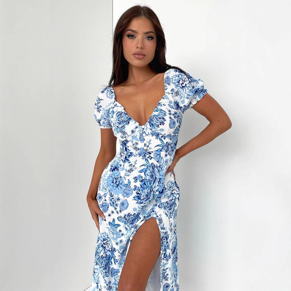 Dame Sommerlig Maxi-kjole med blomsterdesign og elegant splitt Skjora