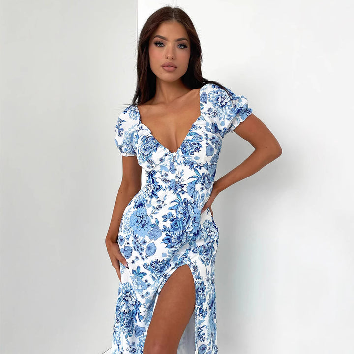 Dame Sommerlig Maxi-kjole med blomsterdesign og elegant splitt Skjora