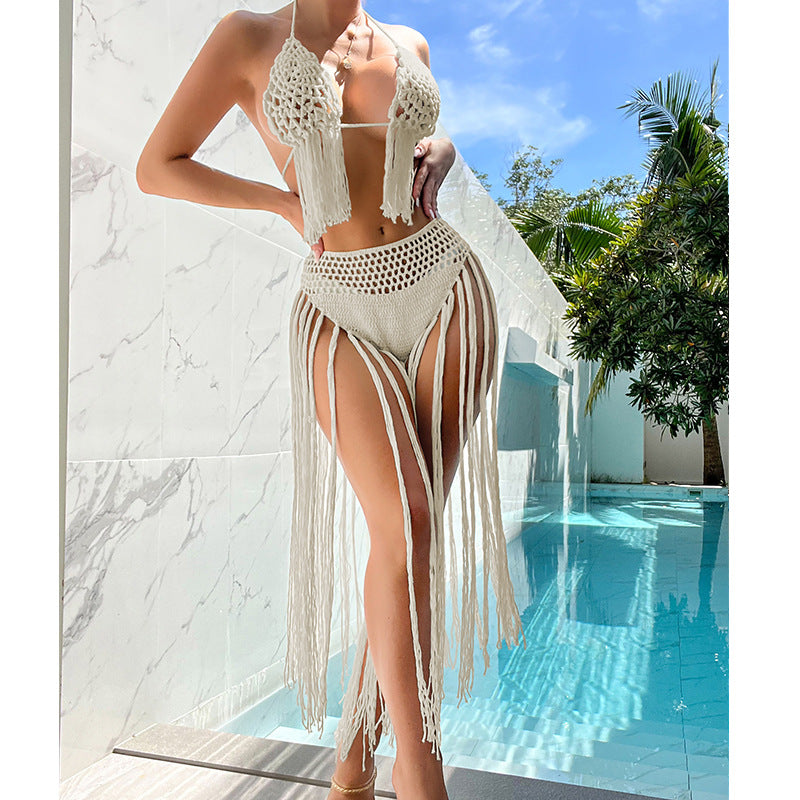 Damen Häkel-Bikini-Set mit fransigen Details und reizvoller Lochstruktur Skjora