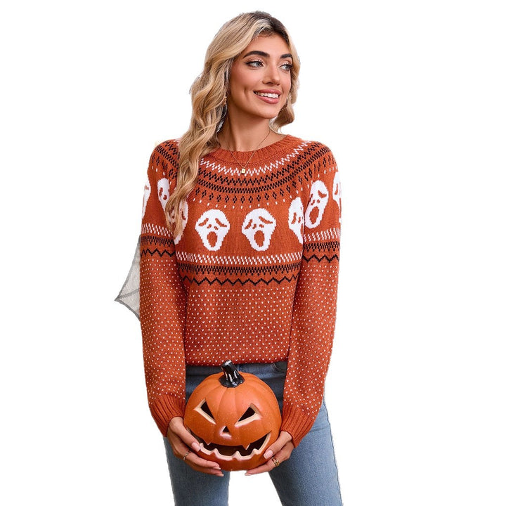 Kvinne Mønstret Strikkegenser med Halloween Motiv Skjora