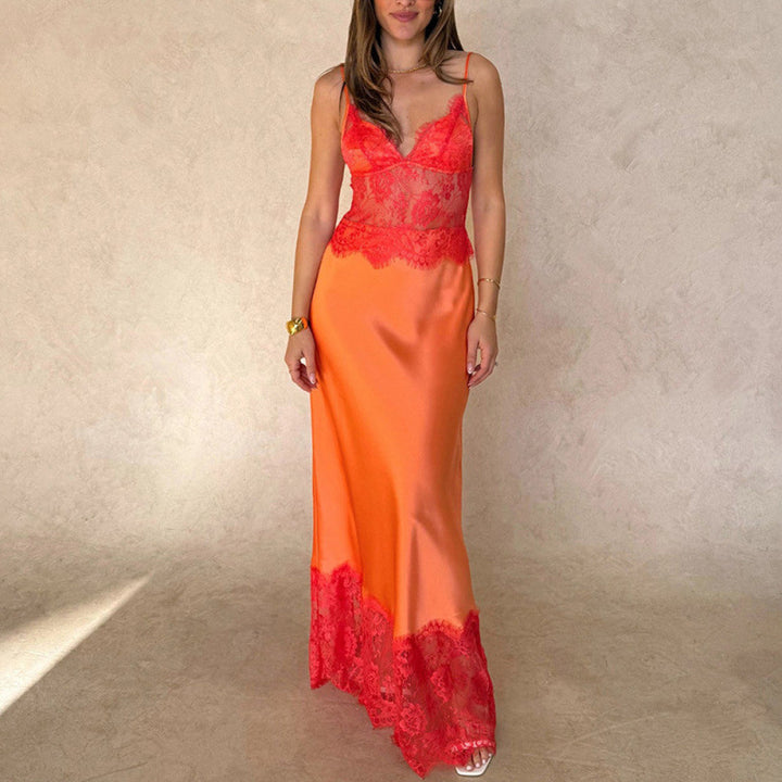 Damen Elegant nattkjole med transparent spissen innsetting og justerbare stropper Skjora
