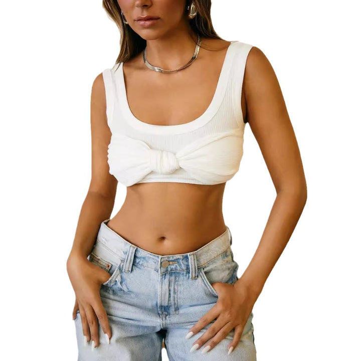 Dame Crop-Top med dekorativ knute og strukturert design Skjora