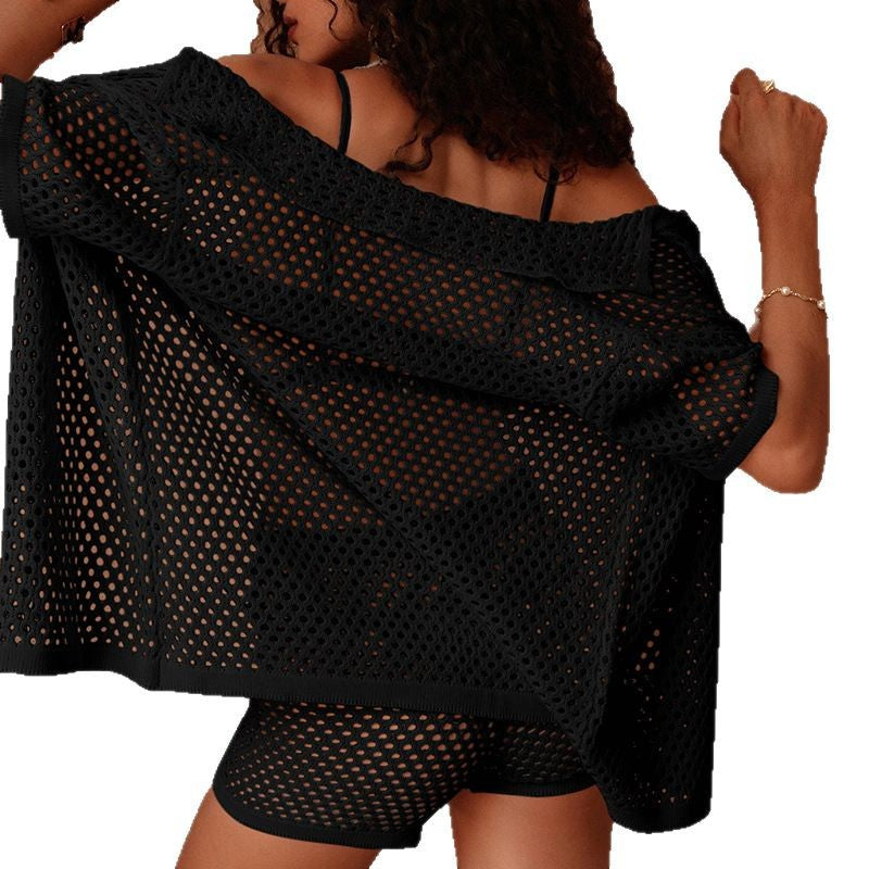 Damen luftiges Häkel-Set mit knöpfbarem Shirt und Shorts Skjora