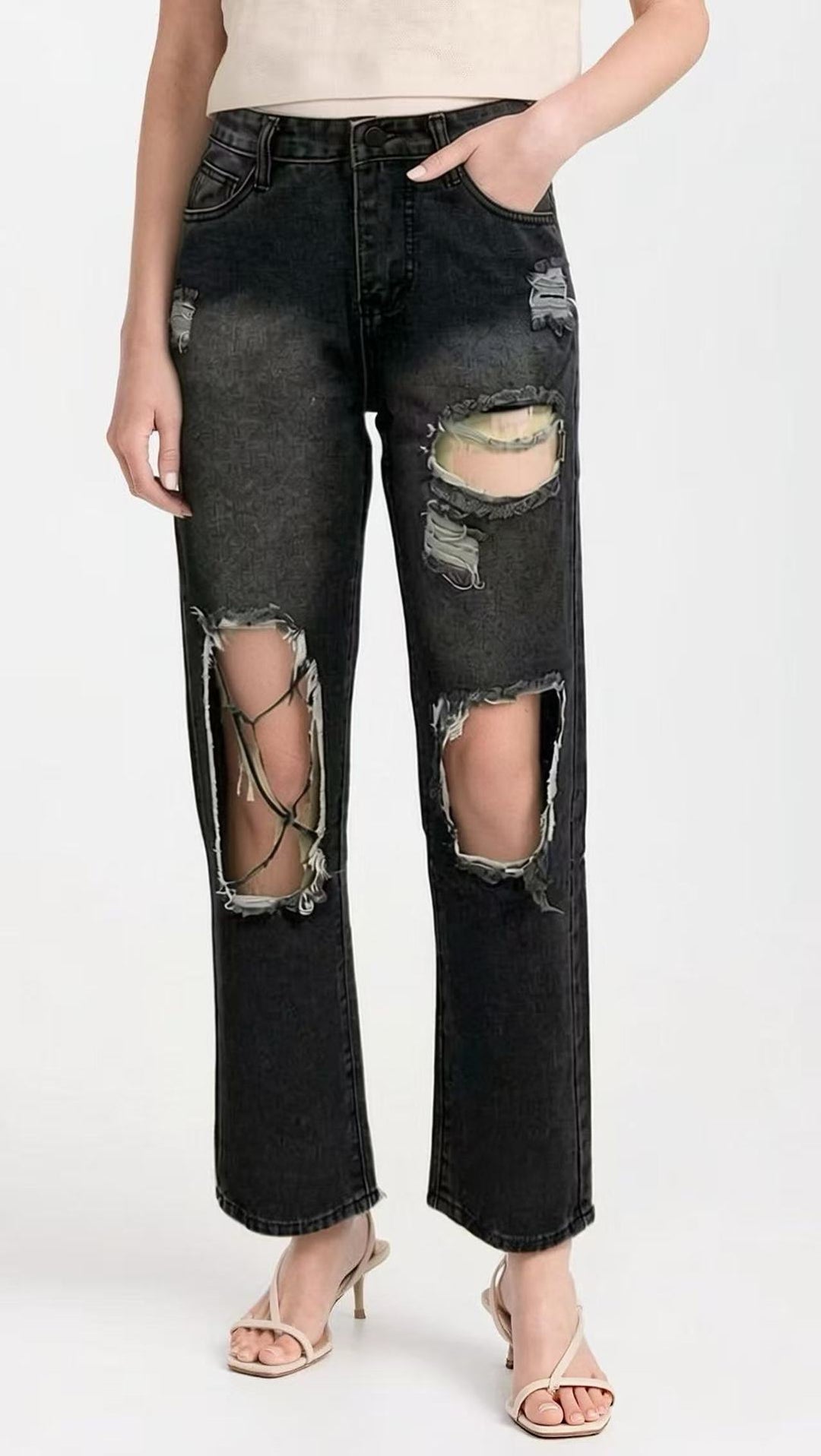 Dame distressed Mom Jeans med trendy Cut-Out-detaljer Skjora