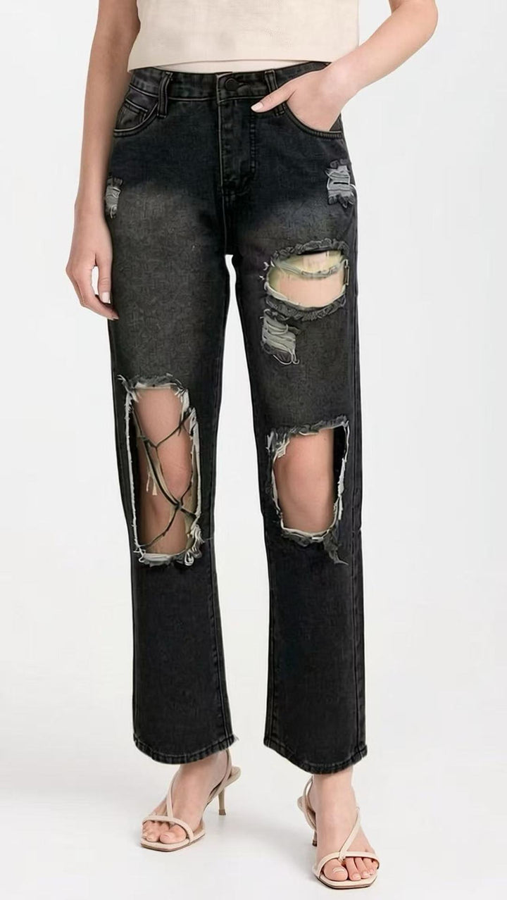 Dame distressed Mom Jeans med trendy Cut-Out-detaljer Skjora