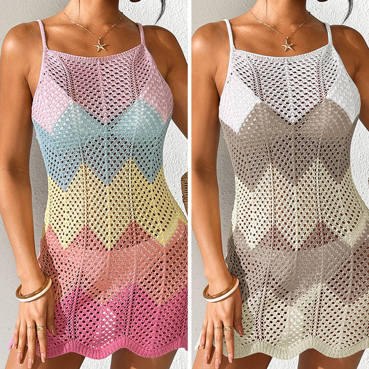 Damen Häkel-Strandkleid mit V-Ausschnitt und Zickzackmuster Skjora