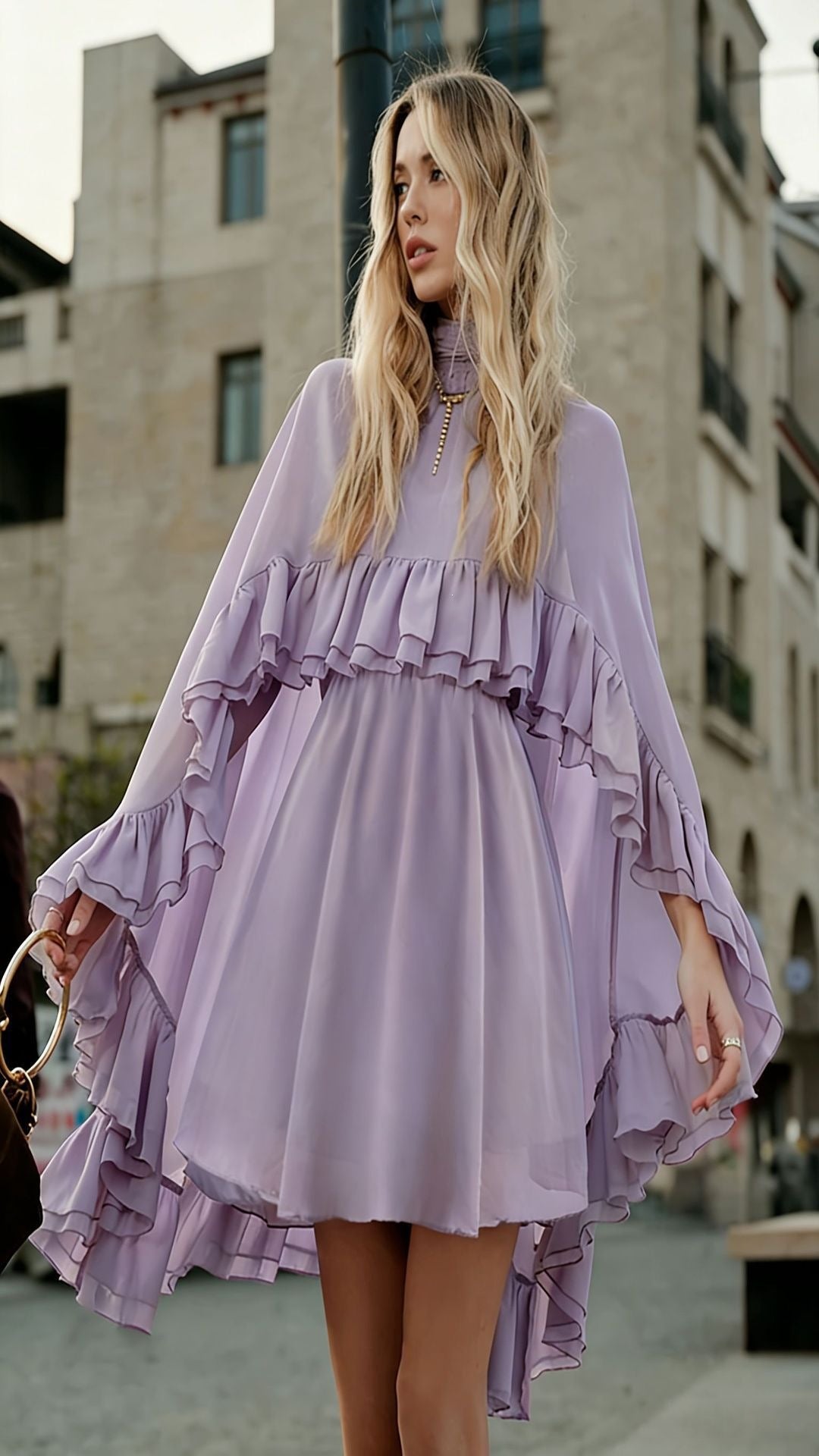 Dame Elegant rynkedress med høy hals og flytende snitt Skjora