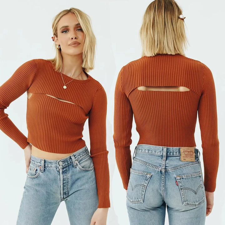 Kvinnens langermet crop top med sofistikert utskjæringsdesign Skjora