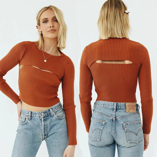Kvinnens langermet crop top med sofistikert utskjæringsdesign Skjora