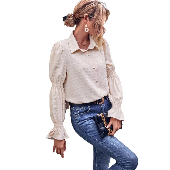 Dames elegant bluse med pufferm og tekstur Skjora