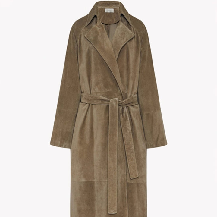 Dame Elegant og stilfull trenchcoat laget av høykvalitets semsket skinn Skjora