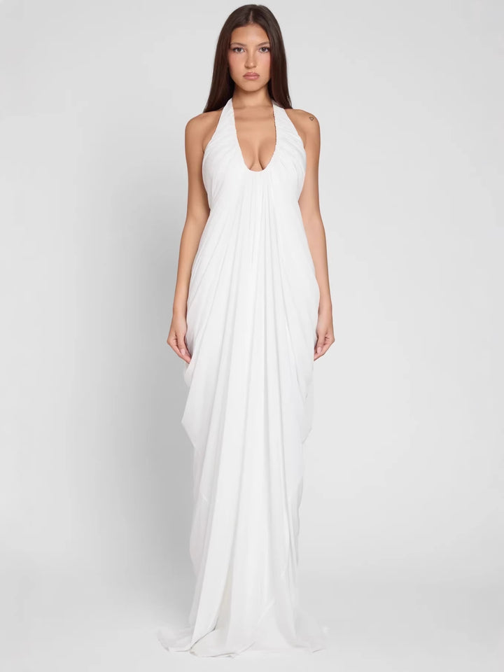 Dame Elegant Maxikjole med dyp V-hals og flytende drapering Skjora