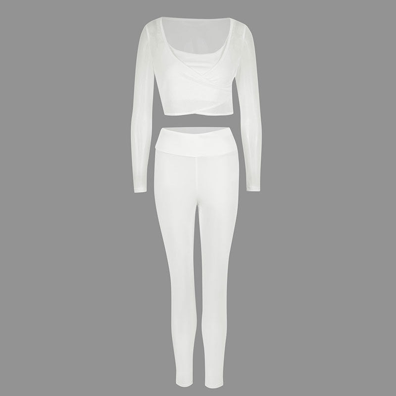Women's Sporty Set with Creative Long-Sleeved Top and Figure-Hugging Leggings Skjora